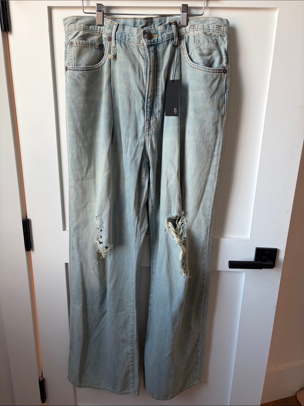 R13 Light Wash Distressed Wide-Leg Jeans